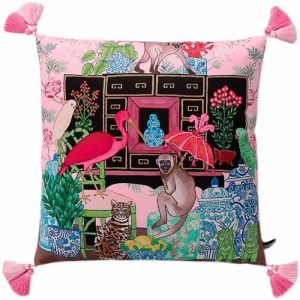 Animal Inspired Pillows | Chinoiserie Monkey And Bird Velvet Throw Pillow Cover With Tassel, 18" x 18" Animal Inspired Pillows Animal Inspired Pillows