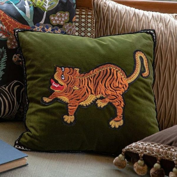 Animal Inspired Pillows | Embroidered Asian Tiger Green Velvet Throw Pillow Cover Animal Inspired Pillows Animal Inspired Pillows