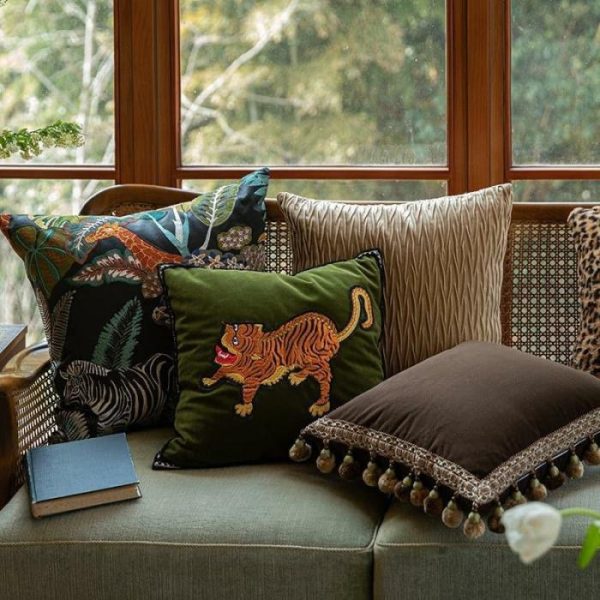 Animal Inspired Pillows | Embroidered Asian Tiger Green Velvet Throw Pillow Cover Animal Inspired Pillows Animal Inspired Pillows