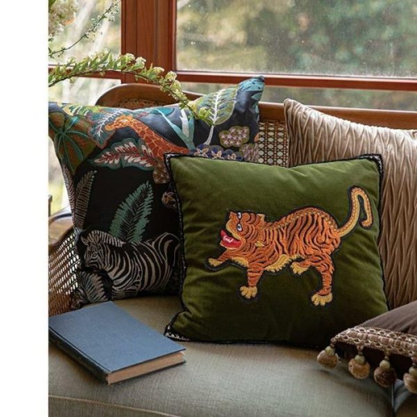 Animal Inspired Pillows | Embroidered Asian Tiger Green Velvet Throw Pillow Cover Animal Inspired Pillows Animal Inspired Pillows