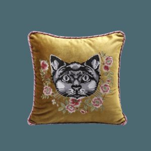 Animal Inspired Pillows | Embroidered Cat And Flowers Velvet Throw Pillow Cover – Yellow, 18" x 18" Animal Inspired Pillows Animal Inspired Pillows