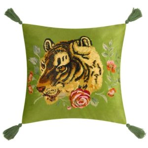 Animal Inspired Pillows | Floral Green Tiger Pillowcase With Tassels Animal Inspired Pillows Animal Inspired Pillows