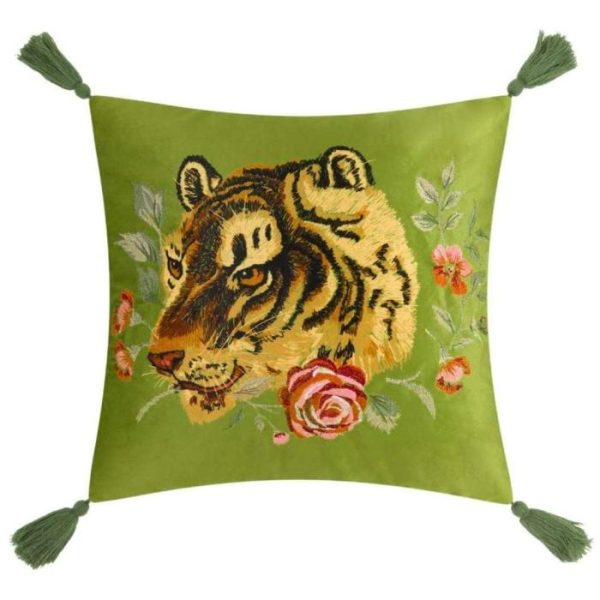 Animal Inspired Pillows | Floral Green Tiger Pillowcase With Tassels Animal Inspired Pillows Animal Inspired Pillows