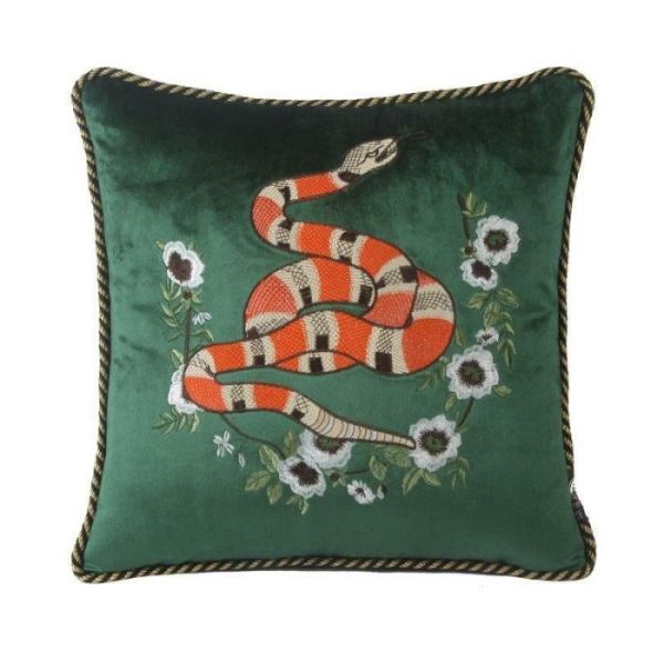 Animal Inspired Pillows | Green Embroidered Snake Velvet Accent Throw Pillow, 18" x 18" Animal Inspired Pillows Animal Inspired Pillows