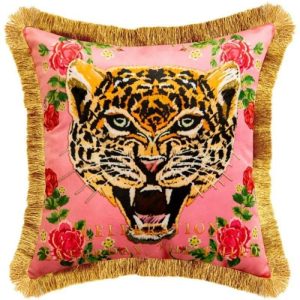 Animal Inspired Pillows | Pink Leopard Face Throw Pillow Cover With Gold Fringe, 18" x 18" Animal Inspired Pillows Animal Inspired Pillows