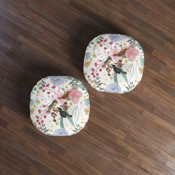 Animal Inspired Pillows | Sky Blue Chinoiserie Floral And Bird Tufted Round Floor Pillow, 26" × 26" Animal Inspired Pillows Animal Inspired Pillows