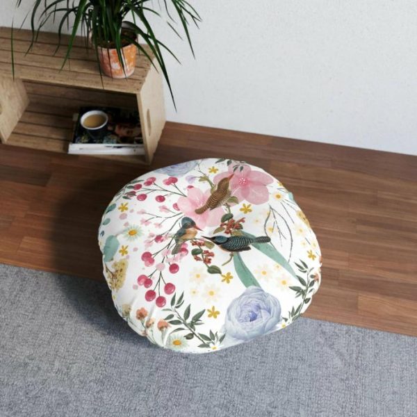 Animal Inspired Pillows | Sky Blue Chinoiserie Floral And Bird Tufted Round Floor Pillow, 26" × 26" Animal Inspired Pillows Animal Inspired Pillows