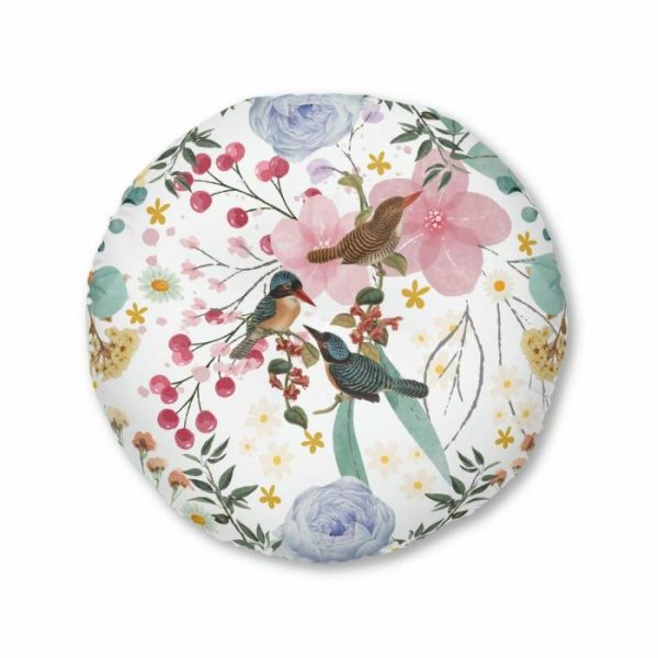 Animal Inspired Pillows | Sky Blue Chinoiserie Floral And Bird Tufted Round Floor Pillow, 26" × 26" Animal Inspired Pillows Animal Inspired Pillows