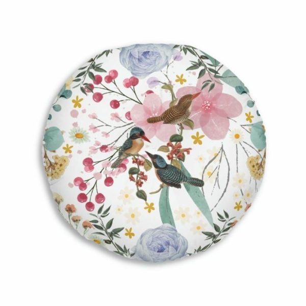 Animal Inspired Pillows | Sky Blue Chinoiserie Floral And Bird Tufted Round Floor Pillow, 26" × 26" Animal Inspired Pillows Animal Inspired Pillows