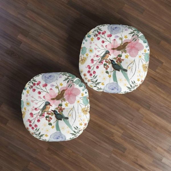 Animal Inspired Pillows | Sky Blue Chinoiserie Floral And Bird Tufted Round Floor Pillow, 26" × 26" Animal Inspired Pillows Animal Inspired Pillows