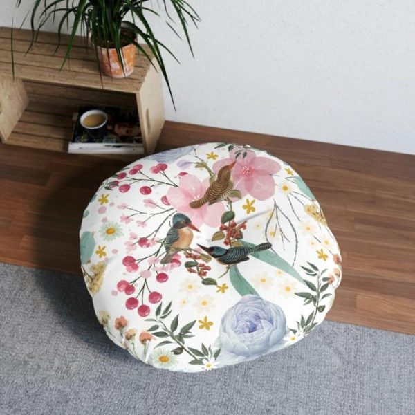 Animal Inspired Pillows | Sky Blue Chinoiserie Floral And Bird Tufted Round Floor Pillow, 26" × 26" Animal Inspired Pillows Animal Inspired Pillows