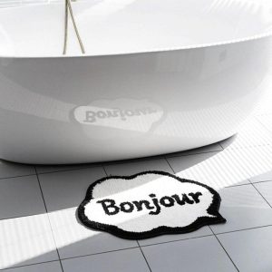 Bath Mats | Black And White Bonjour Bathroom Rug, 17.7" x 25.5" Bath Mats Bath Mats