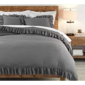 Bedding | 100% Pure Linen Ruffle Duvet Cover Set – Charcoal Gray, Twin US Bedding Bedding