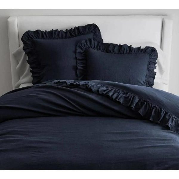 Bedding | 100% Pure Linen Ruffle Duvet Cover Set – Dark Navy Blue, Twin US Bedding Bedding