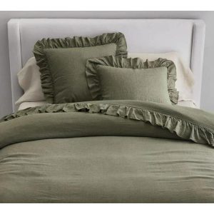 Bedding | 100% Pure Linen Ruffle Duvet Cover Set – Moss Green, Twin US Bedding Bedding