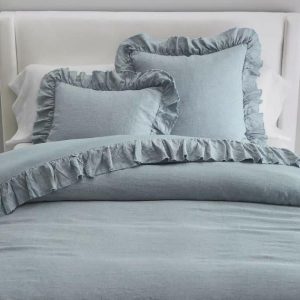 Bedding | 100% Pure Linen Ruffle Duvet Cover Set – Sky Blue, Twin US Bedding Bedding