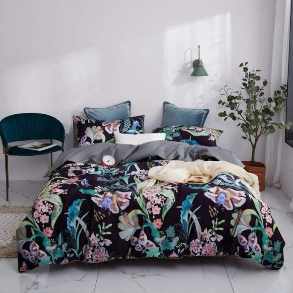 Bedding | Black Floral Leaves Duvet Cover Set, Queen Bedding Bedding