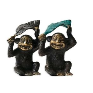 Brass Sculptures | Monkey Under Banana Leaf Figurine – Set Of 2 Brass Sculptures Brass Sculptures