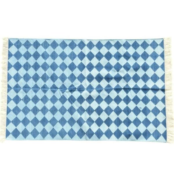 Cotton Rugs | Checkers Organic Vegetable Dyed Indian Dhurrie Reversible Cotton Rug – Blue, 2′ x 3′ Cotton Rugs Cotton Rugs