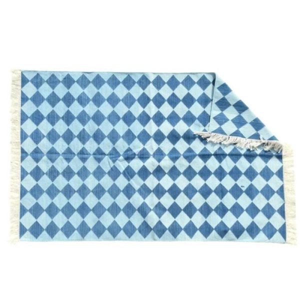 Cotton Rugs | Checkers Organic Vegetable Dyed Indian Dhurrie Reversible Cotton Rug – Blue, 2′ x 3′ Cotton Rugs Cotton Rugs