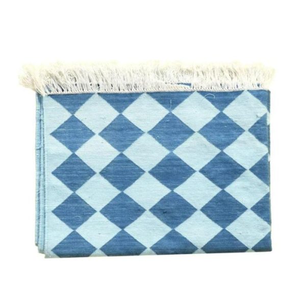 Cotton Rugs | Checkers Organic Vegetable Dyed Indian Dhurrie Reversible Cotton Rug – Blue, 2′ x 3′ Cotton Rugs Cotton Rugs