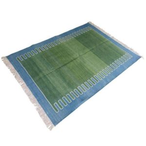 Cotton Rugs | Handmade Reversible Cotton Fringed Geometric Blue Bordered Rug, 2′ x 3′ Cotton Rugs Cotton Rugs