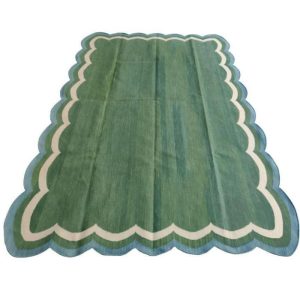 Cotton Rugs | Handmade Reversible Cotton Scalloped Rug – Cream, Blue And Green, 2′ x 3′ Cotton Rugs Cotton Rugs