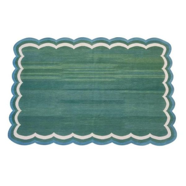 Cotton Rugs | Handmade Reversible Cotton Scalloped Rug – Cream, Blue And Green, 2′ x 3′ Cotton Rugs Cotton Rugs