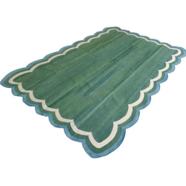 Cotton Rugs | Handmade Reversible Cotton Scalloped Rug – Cream, Blue And Green, 2′ x 3′ Cotton Rugs Cotton Rugs