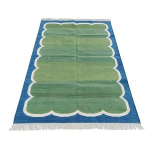 Cotton Rugs | Handmade Reversible Fringed Cotton Scalloped Rug – Blue And Green, 2′ x 3′ Cotton Rugs Cotton Rugs