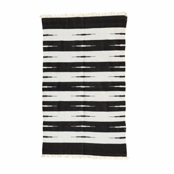 Cotton Rugs | Handwoven Black And White Classic Stripe Cotton Rug With Fringes, 3′ x 5′ Cotton Rugs Cotton Rugs