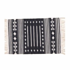 Cotton Rugs | Handwoven Black And White Traditional Patterned Cotton Rug With Fringes, 3′ x 5′ Cotton Rugs Cotton Rugs