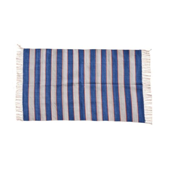 Cotton Rugs | Handwoven Blue And White Bold Striped Cotton Rug With Fringes, 3′ x 5′ Cotton Rugs Cotton Rugs