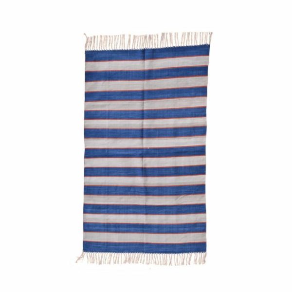 Cotton Rugs | Handwoven Blue And White Bold Striped Cotton Rug With Fringes, 3′ x 5′ Cotton Rugs Cotton Rugs