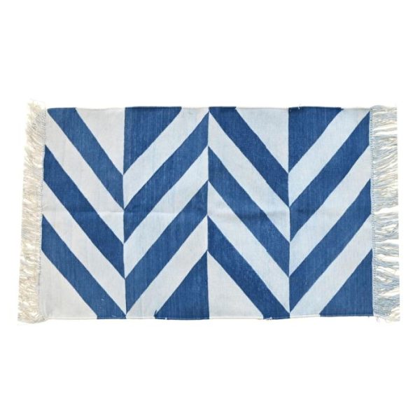 Cotton Rugs | Handwoven Blue And White Chevron Cotton Rug With Fringes, 3′ x 5′ Cotton Rugs Cotton Rugs