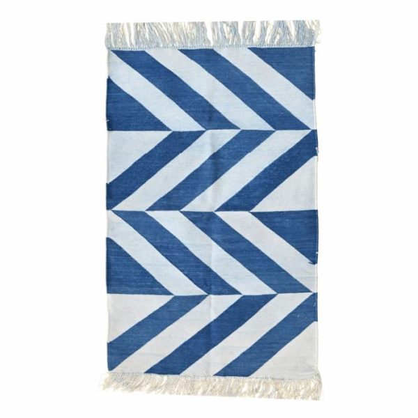 Cotton Rugs | Handwoven Blue And White Chevron Cotton Rug With Fringes, 3′ x 5′ Cotton Rugs Cotton Rugs