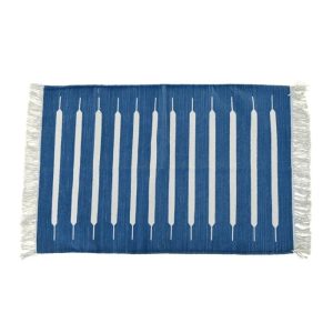 Cotton Rugs | Handwoven Blue And White Mini Stripe Cotton Rug With Fringes, 3′ x 5′ Cotton Rugs Cotton Rugs