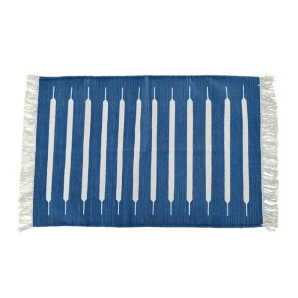 Cotton Rugs | Handwoven Blue And White Mini Stripe Cotton Rug With Fringes, 3′ x 5′ Cotton Rugs Cotton Rugs