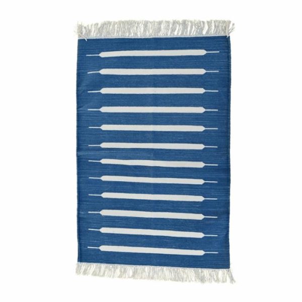 Cotton Rugs | Handwoven Blue And White Mini Stripe Cotton Rug With Fringes, 3′ x 5′ Cotton Rugs Cotton Rugs