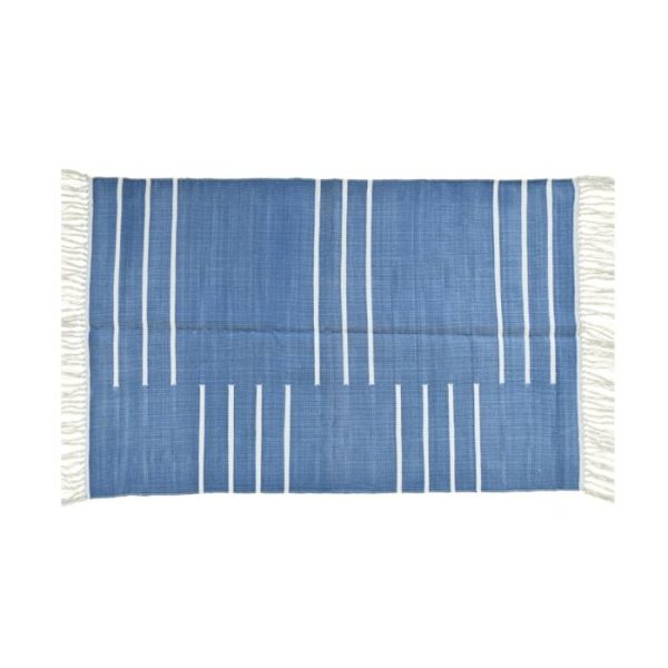 Cotton Rugs | Handwoven Blue And White Miniamlistic Cotton Rug With Fringes, 3′ x 5′ Cotton Rugs Cotton Rugs