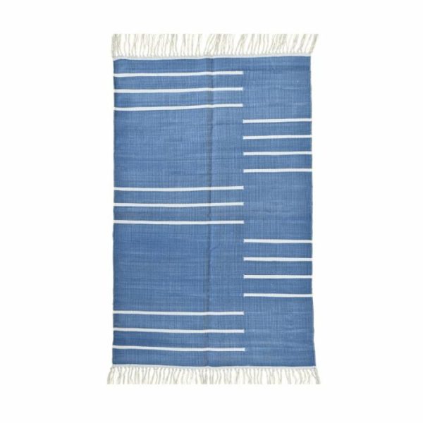 Cotton Rugs | Handwoven Blue And White Miniamlistic Cotton Rug With Fringes, 3′ x 5′ Cotton Rugs Cotton Rugs