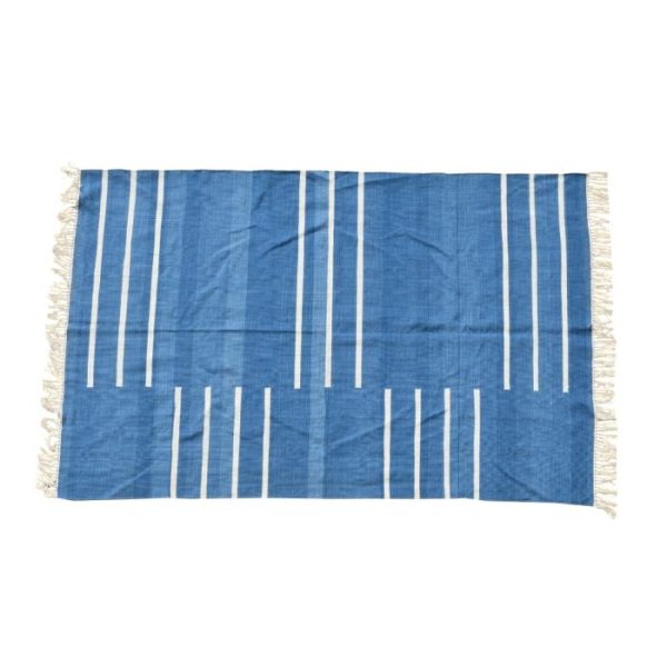 Cotton Rugs | Handwoven Blue And White Minimalistic Stripe Cotton Rug With Fringes, 3′ x 5′ Cotton Rugs Cotton Rugs