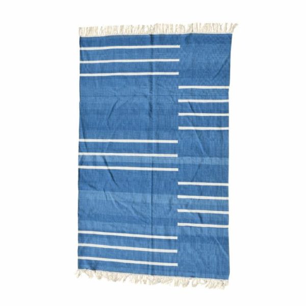 Cotton Rugs | Handwoven Blue And White Minimalistic Stripe Cotton Rug With Fringes, 3′ x 5′ Cotton Rugs Cotton Rugs