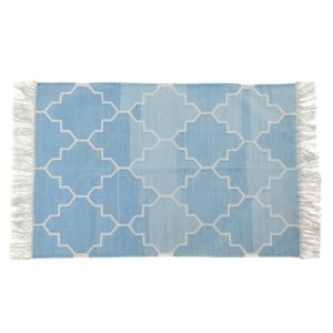 Cotton Rugs | Handwoven Blue And White Moroccan Patterned Cotton Rug With Fringes, 3′ x 5′ Cotton Rugs Cotton Rugs