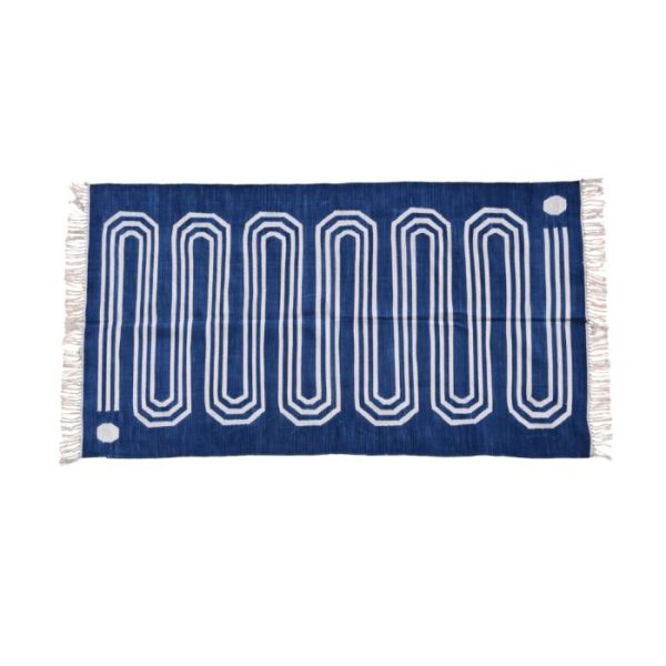 Cotton Rugs | Handwoven Blue And White Snake Inspired Cotton Rug With Fringes, 3′ x 5′ Cotton Rugs Cotton Rugs