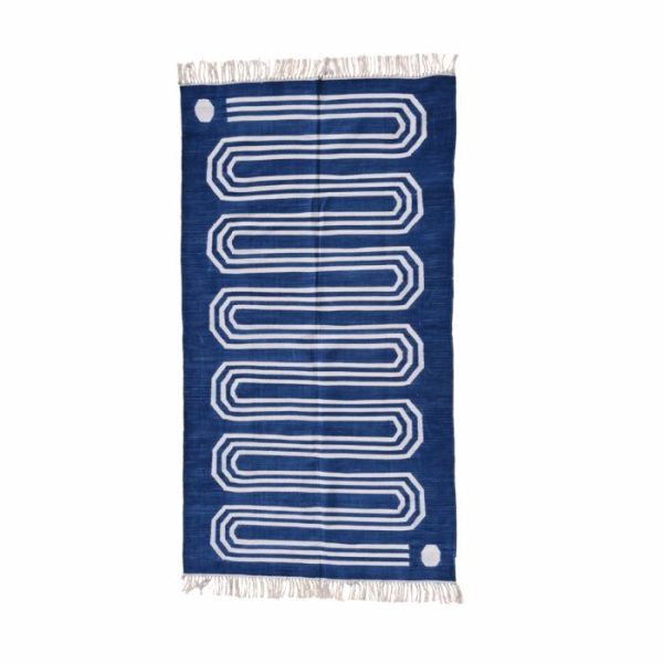 Cotton Rugs | Handwoven Blue And White Snake Inspired Cotton Rug With Fringes, 3′ x 5′ Cotton Rugs Cotton Rugs