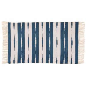 Cotton Rugs | Handwoven Blue And White Stripe Ikat Cotton Rug With Fringes, 3′ x 5′ Cotton Rugs Cotton Rugs