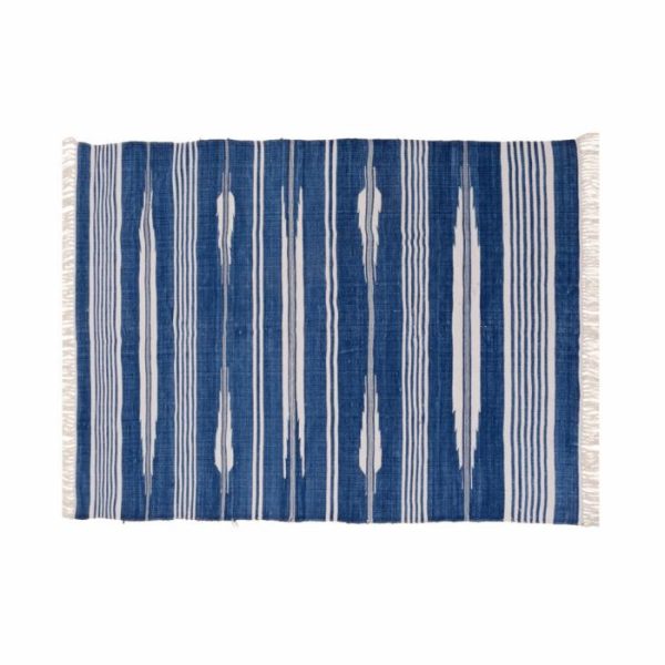 Cotton Rugs | Handwoven Blue And White Stripe Patterned Cotton Rug With Fringes, 3′ x 5′ Cotton Rugs Cotton Rugs