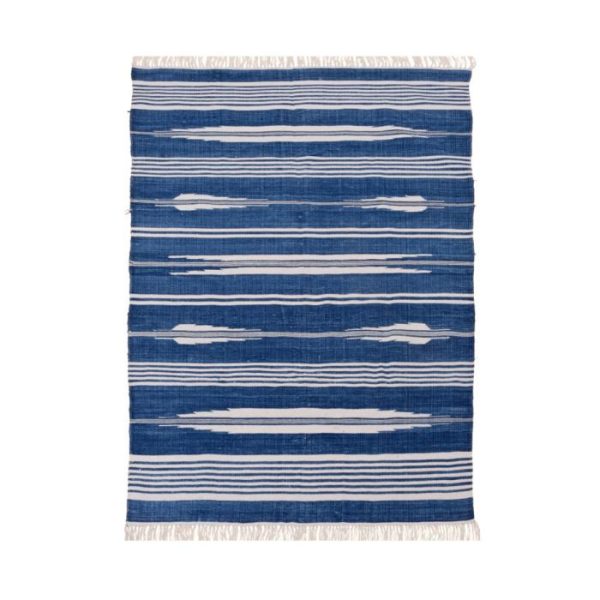 Cotton Rugs | Handwoven Blue And White Stripe Patterned Cotton Rug With Fringes, 3′ x 5′ Cotton Rugs Cotton Rugs