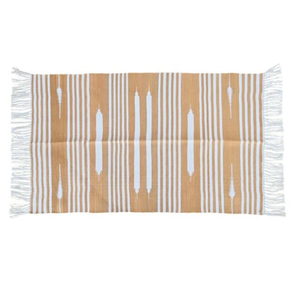 Cotton Rugs | Handwoven Cafe Au Lait And White Stripe Cotton Rug With Fringes, 3′ x 5′ Cotton Rugs Cotton Rugs